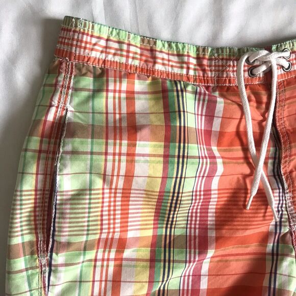 Vintage 90s Polo Ralph Lauren Swim Trunks Men M 32 Orange Plaid Pocket Net Liner - Picture 7 of 12
